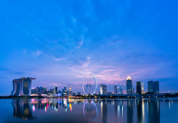Panoramic view of Singapore skyline taken from Garden by the bay east after sunset.